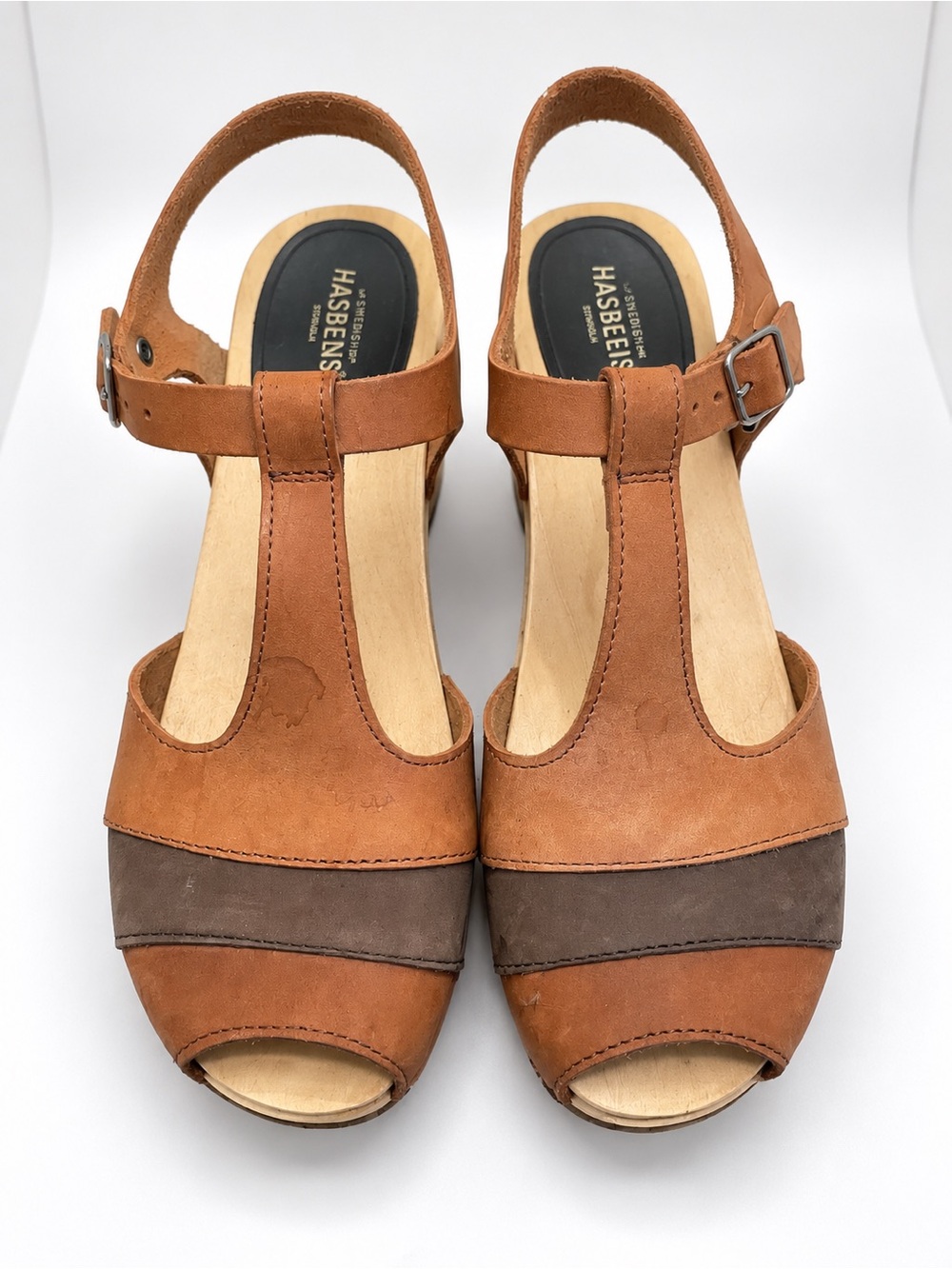 Swedish Hasbeens Tan and Brown Leather T-Strap Wedge Sandals, Size 8